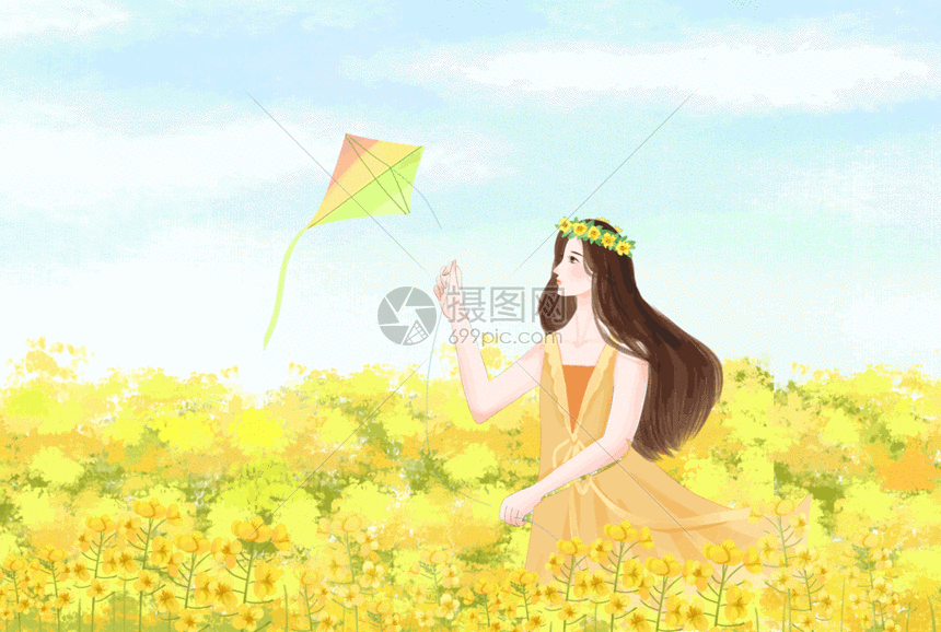gif动图 插画动图 春天油菜花地里放风筝gif.psd,gif 860_578