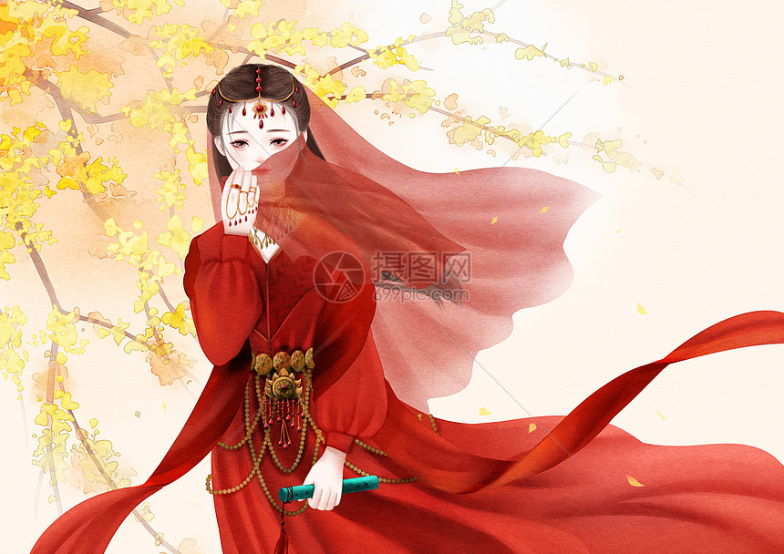 古风西域红衣姑娘插画图片下载-正版图片401015591-摄图网
