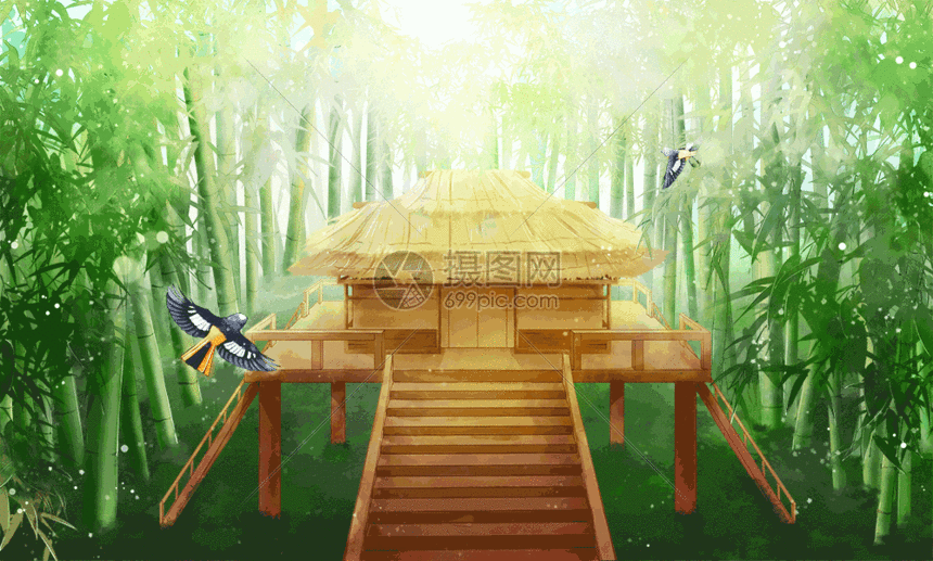 gif动图 插画动图 古风唯美竹林草屋鸟gif.psd,gif 860_517