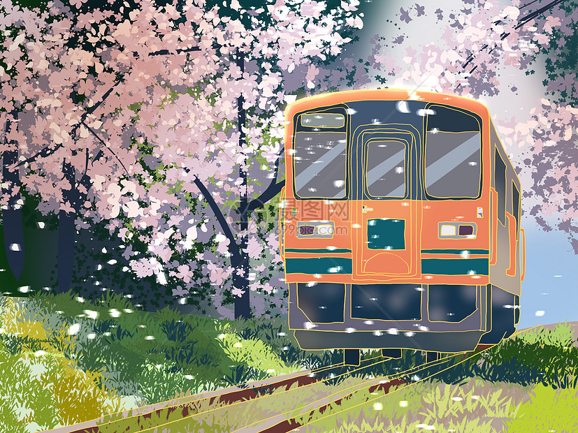 小清新风格插画樱花节樱花电车