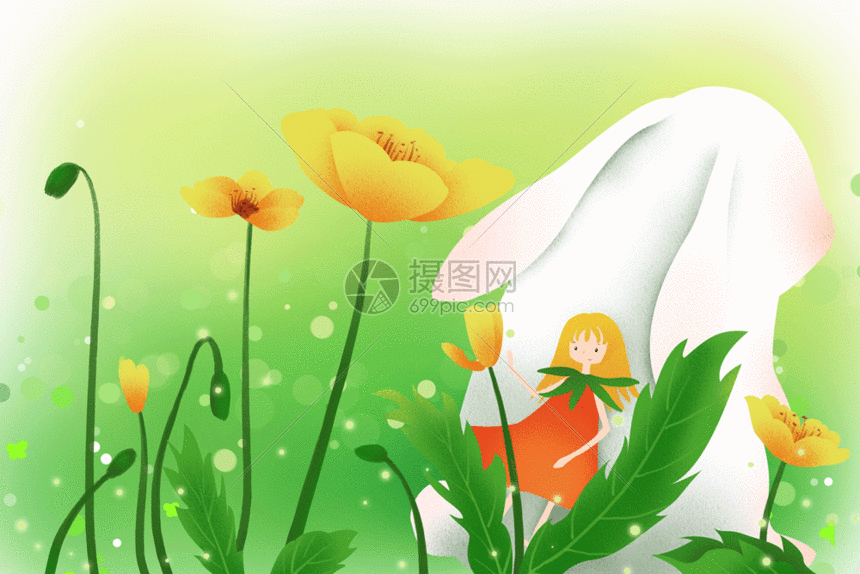 插画动图 春天女孩和兔子gif.