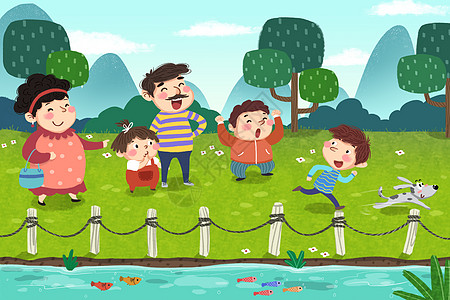 春季郊外河边散步游玩插画背景图片