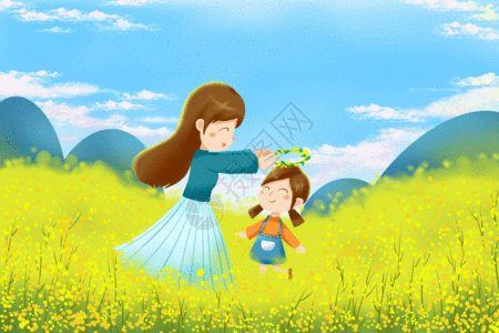 北海道花田妈妈孩子在油菜花田gif高清图片