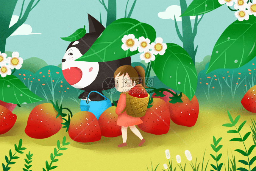 插画动图 女孩摘草莓gif动图.