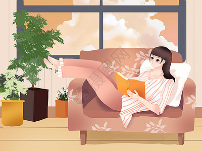 小清新风格黄昏时分躺在沙发上看书的女孩图片