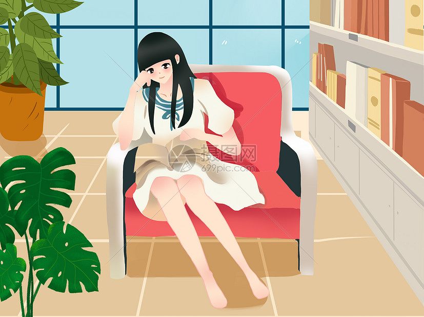 小清新风格在书房沙发上看书的女孩图片