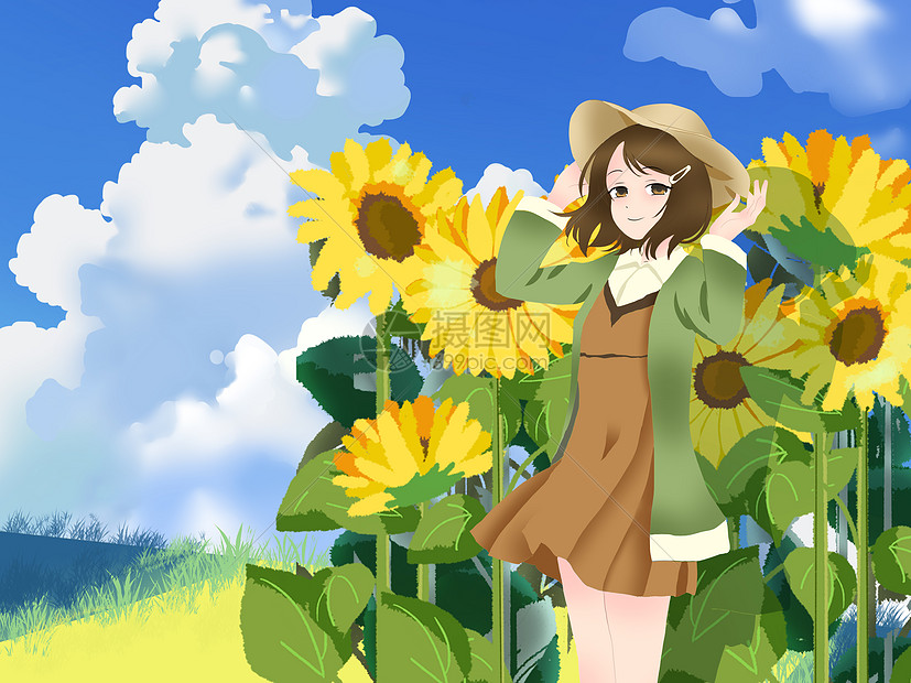 小清新风格插画向日葵女孩