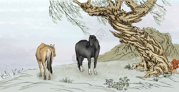 露天休息水墨画野外休息的马插画