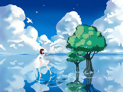 小清新风格插画春天在湖中起舞的女孩图片