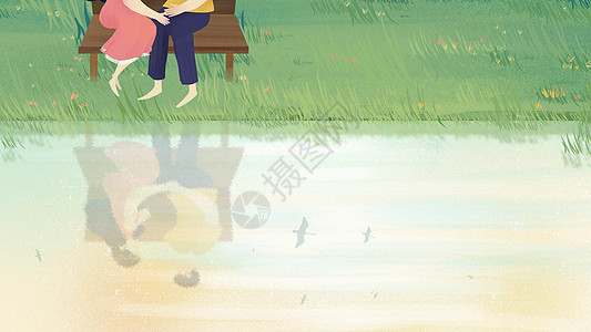 小清新情侣坐在河边倒影情人节海报海报图片