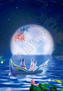 荷塘月色船月亮背景图片素材