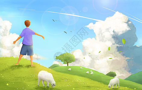 天山牧场男生在草地上放羊插画