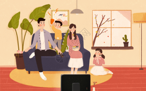 春节插画背景全家一起看电视gif高清图片