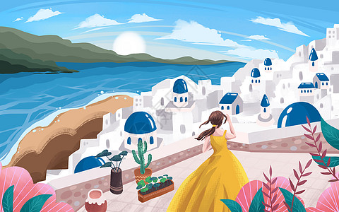 希腊科孚岛唯美希腊之旅插画