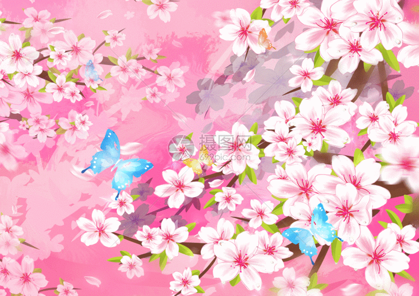 gif动图 插画动图 春天来了满园樱花蝴蝶gif.psd,gif 860_608