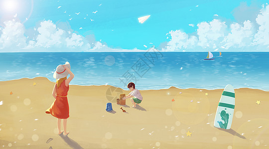 阳光大海海边度假的母子插画