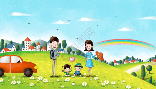 春天一家人郊游gif图片素材