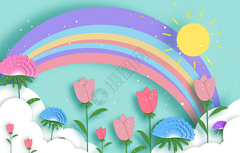 花卉剪纸风彩虹配色高清图片