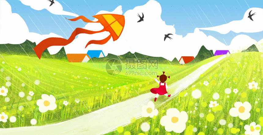 春天放风筝的小女孩gif