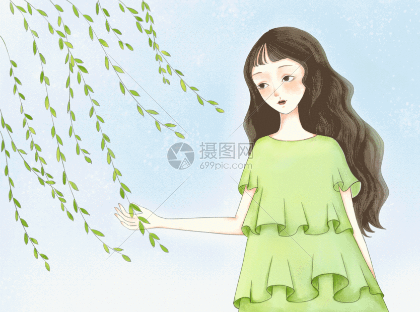 插画动图 森系水彩春姑娘gif.