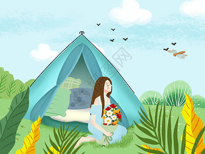 小清新风格春分在郊外支帐篷享受生活的女孩图片