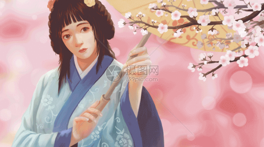 gif动图 插画动图 穿汉服赏樱花的中国古代女子gif.psd,gif