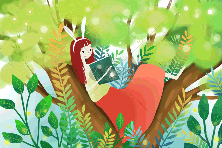 树上看书的少女图片