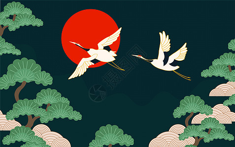 仙鹤松树传统图案背景图片