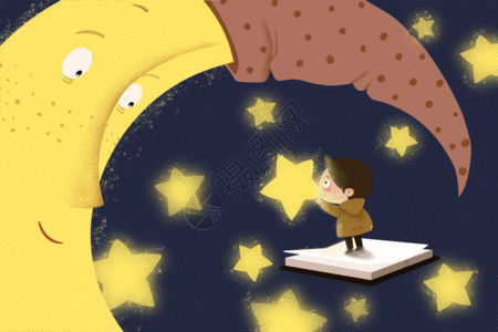 站在魔法书上飞向月亮的小男孩高清图片