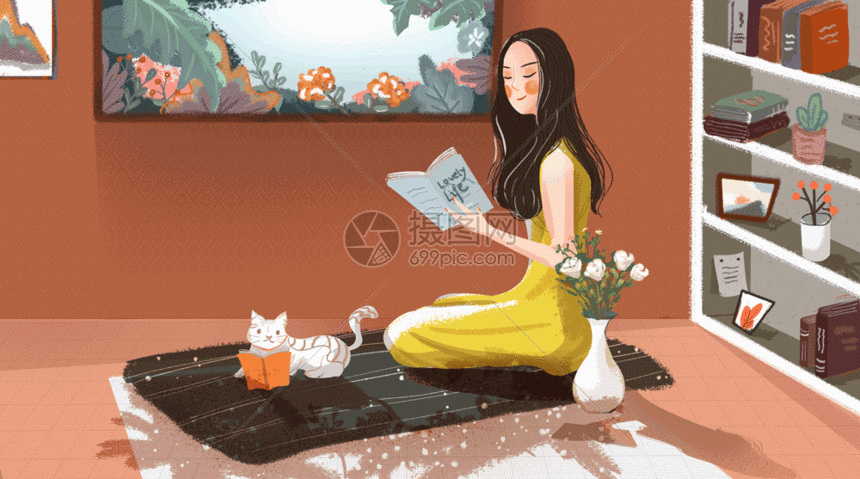 gif动图 插画动图 读书的少女gif.psd,gif 860_479