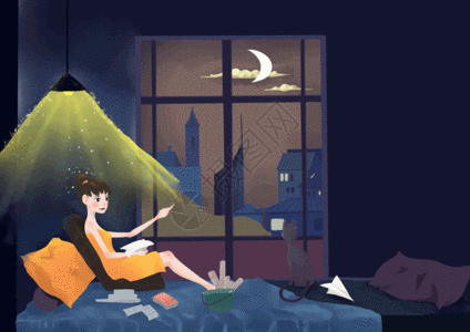 夜晚读书的少女gif图片素材