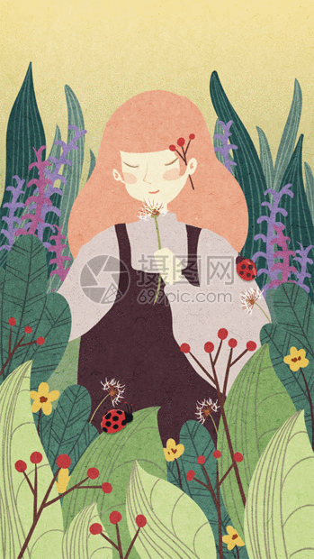 春天女孩吹蒲公英gif动态插画