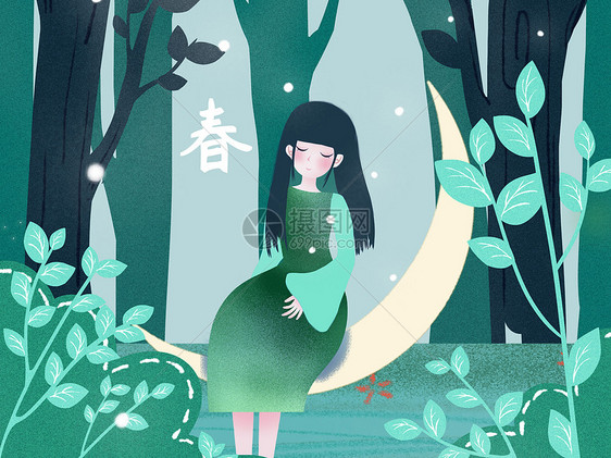 绿色小清新风格插画春天的女孩图片