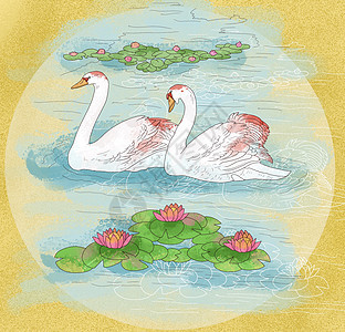 中国风国潮工笔双鹅戏水图片