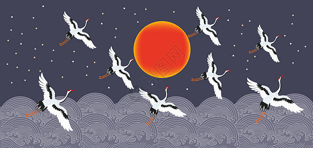 飞翔的鸟传统仙鹤图案插画