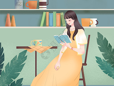 小清新风格在咖啡厅看书的女孩图片