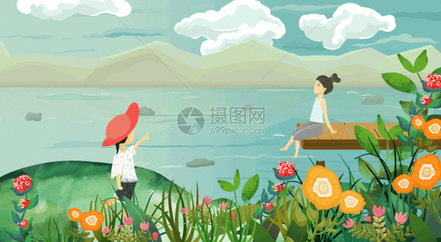 湖边的男孩与女孩插画场景gif动图图片-正版gif素材
