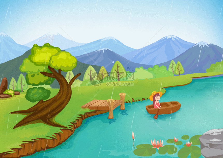 gif动图 插画动图 夏季划船的小女孩gif