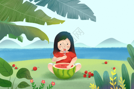 红灯樱桃立夏吃西瓜的女孩GIF高清图片