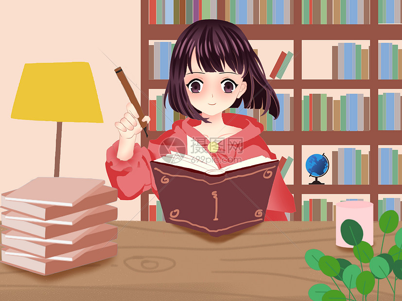 在家学习写作业的少女