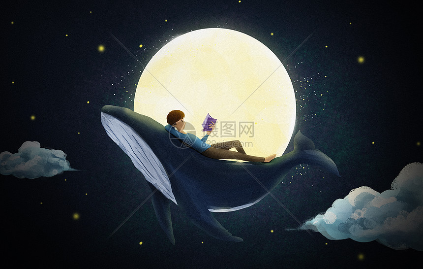 躺在鲸鱼身上看书的男生图片