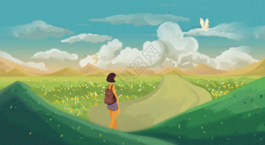 蓝天草原背景一个人的旅行 GIF高清图片