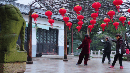 真人雕塑清晨公园打太阳练剑老人GIF高清图片