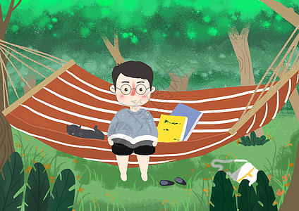 森林里坐在吊床上的男孩图片