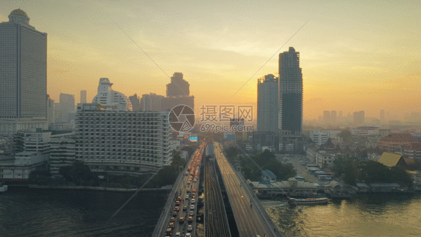 gif动图 实景动图  日出的泰国曼谷湄公河南城市中心建筑gif.