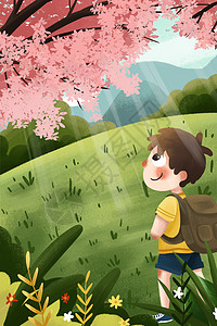 春天春季男孩春游游玩旅游五一长假立春探险背景图片