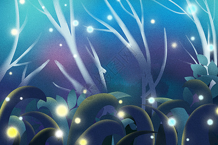 萤火虫夜景梦幻森林插画设计图片