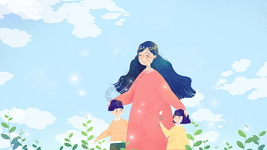 小清新母亲孩子站在原野母亲节卡通插画高清图片