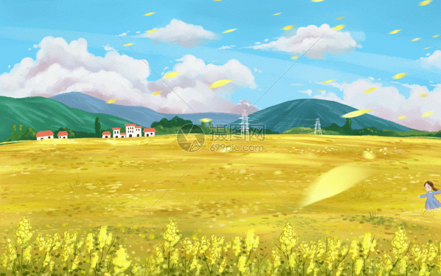 gif动图 插画动图 油菜花田里放风筝gif           油菜花田里放风筝