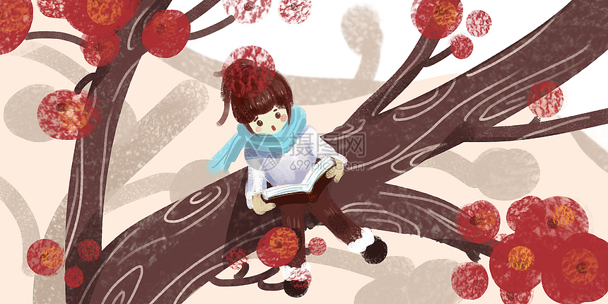 女孩海棠树上看书图片